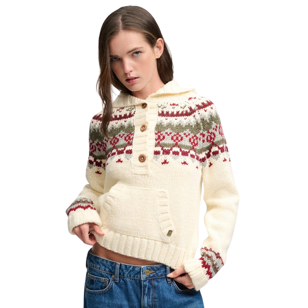SUPERDRY FAIRISLE HALF BUTTON HOOD - Bianco - immagine principale