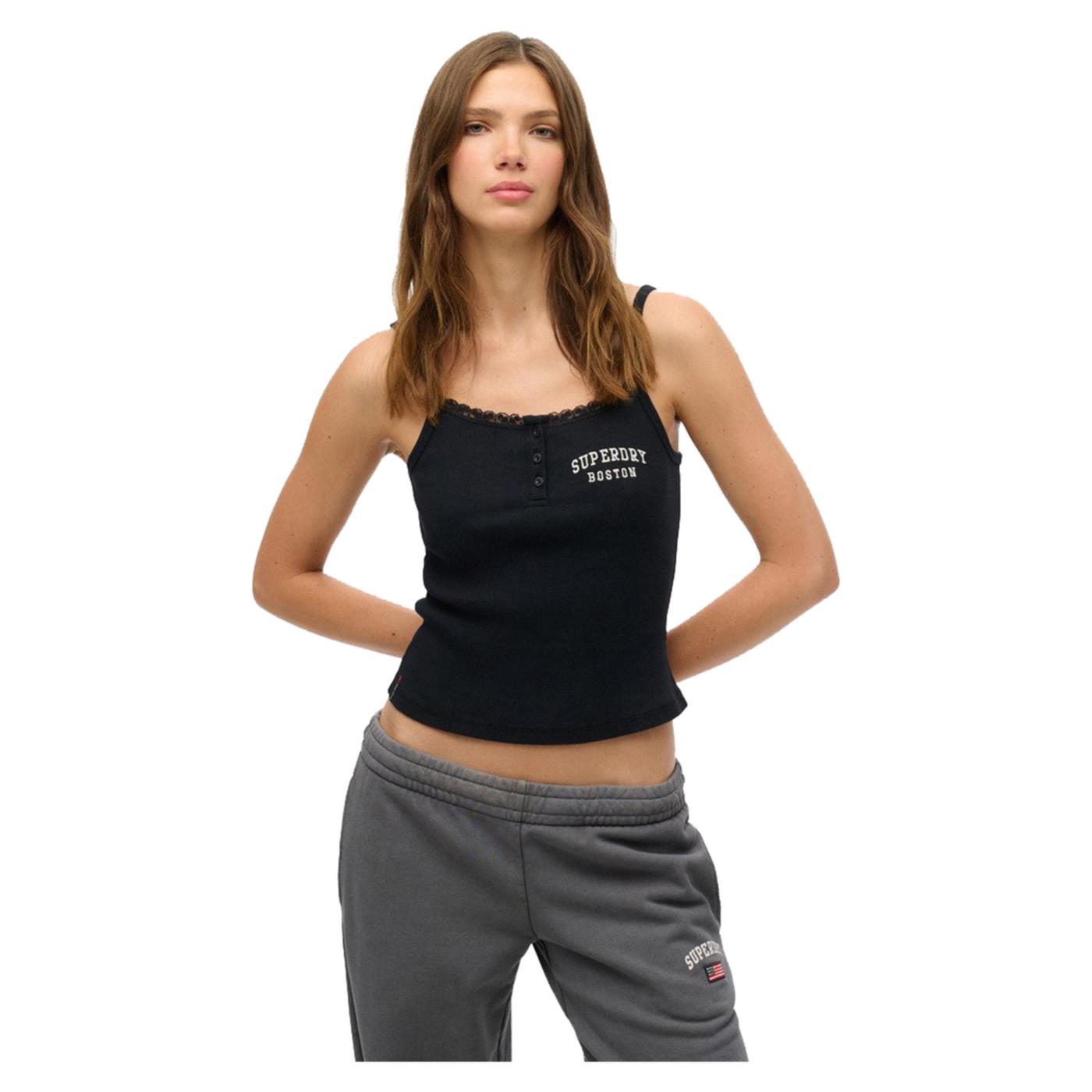 SUPERDRY ATH EMBROIDER BUTTON CAMI - Nero - immagine principale