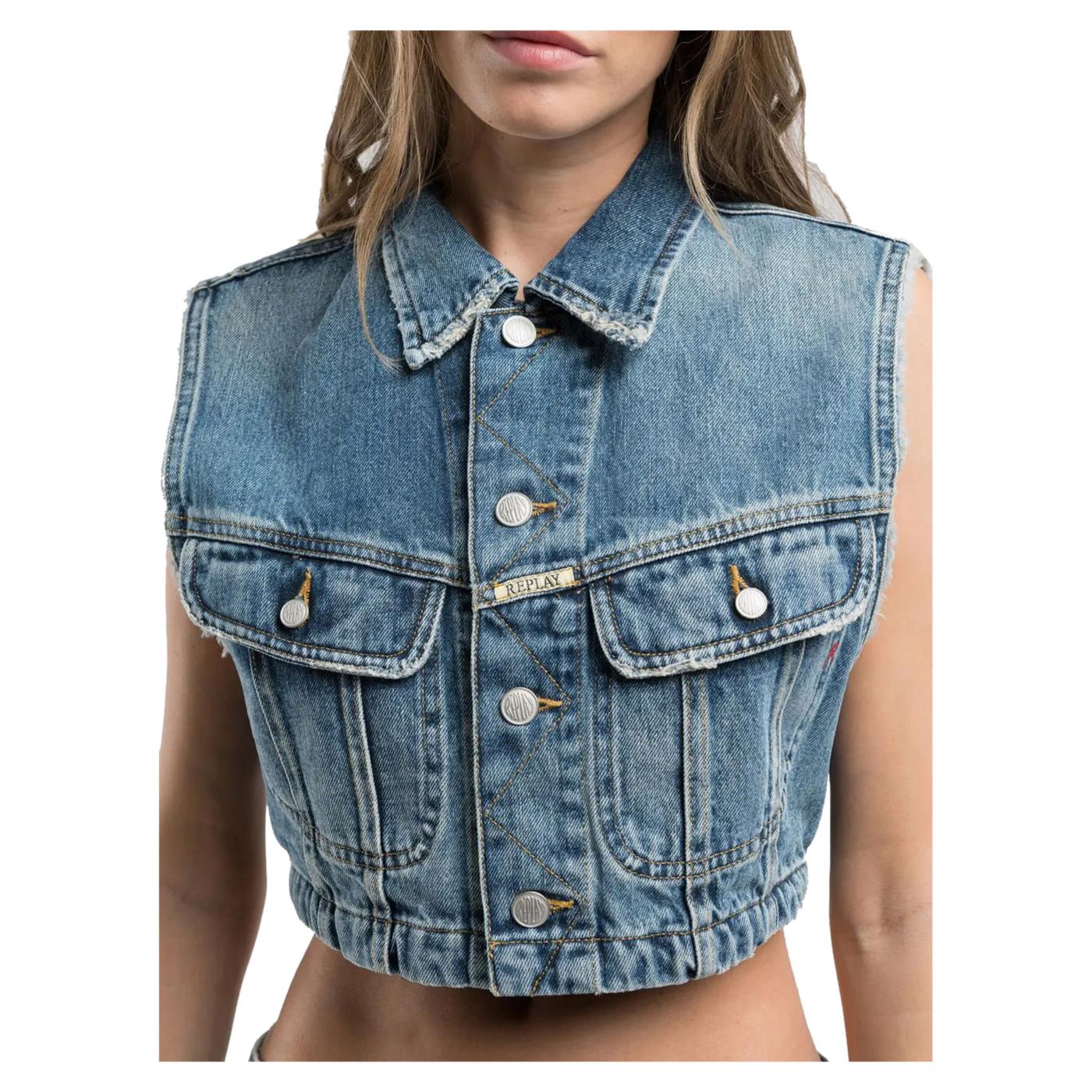 REPLAY GILET CROPPED IN DENIM